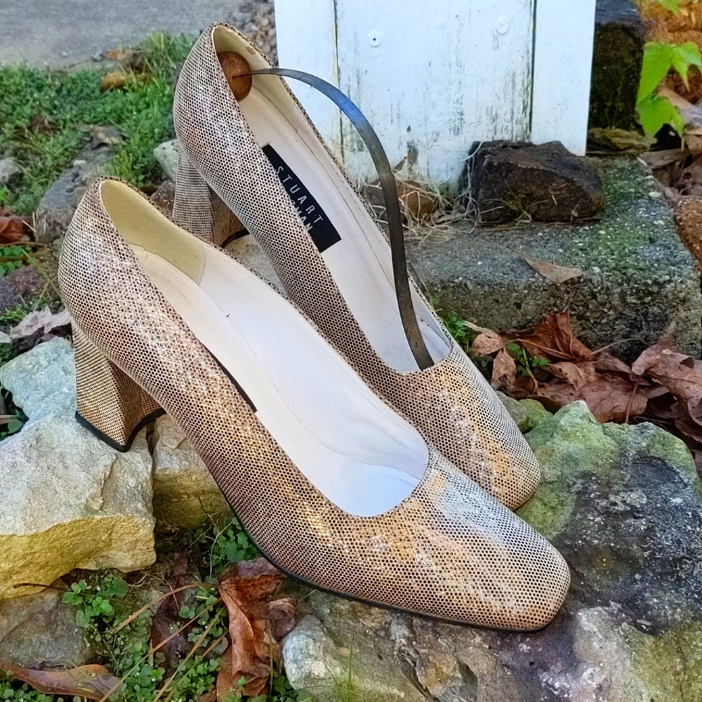 Stuart Weitzman Gold Metallic Iradescent Snake Python Block Heel Pumps